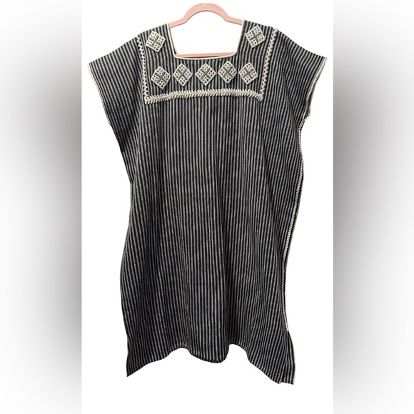 Handmade Striped Huipil, Embroidered Top, Black, Cream, One Size - Picture 1 of 3